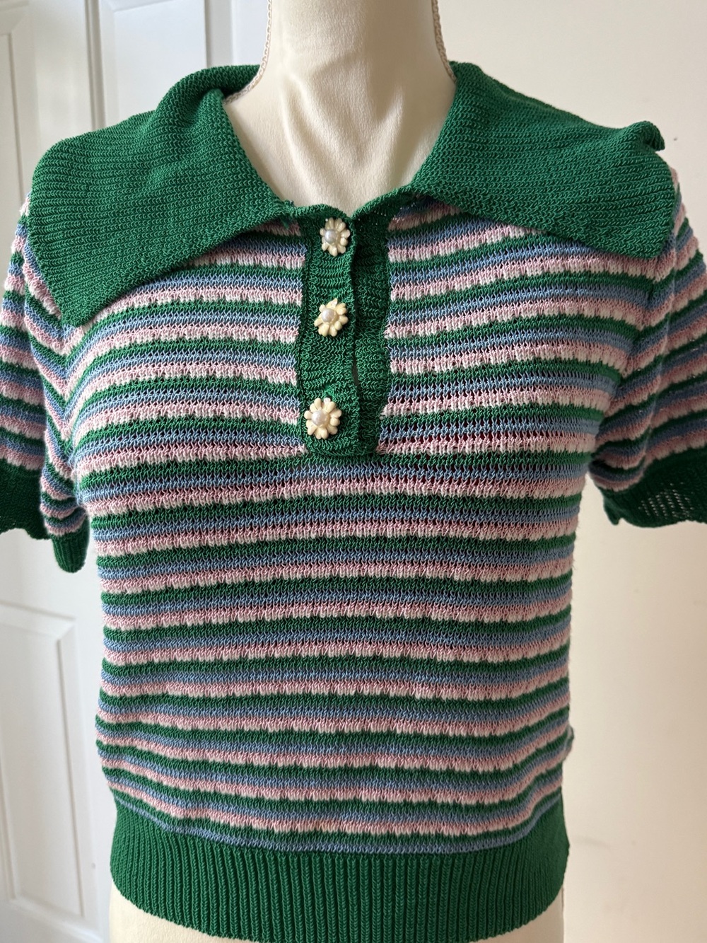 Zara Knit Striped Polo Sweater Top M Green Pink Blue Pearl Buttons M - Picture 2 of 6